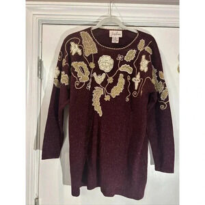 VTG Floral Sweater Women’s Large Burgundy Gold Metallic Embroidered Holiday 90's